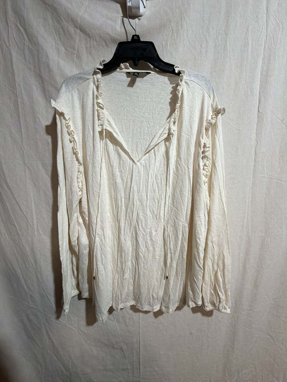 Lauren Ralph Lauren Cream Linen Blend Ruffle Neck Keyhole Long Sleeve Top